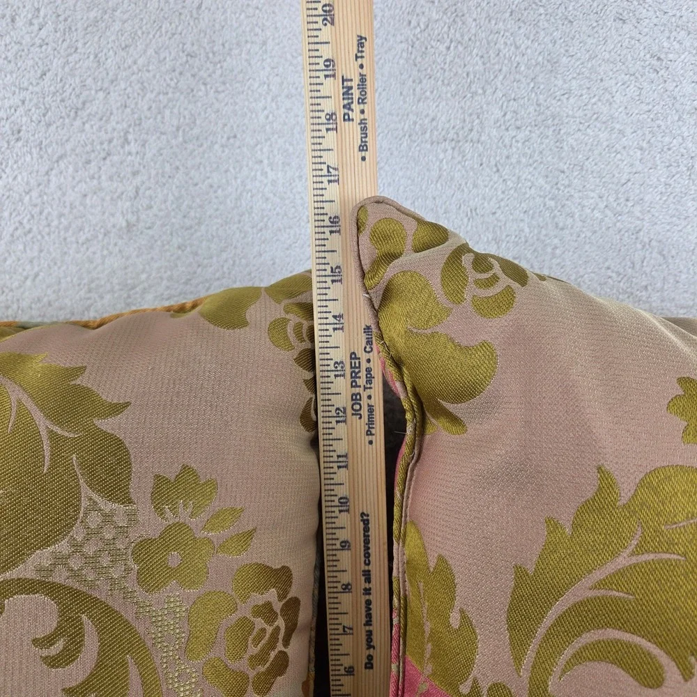 Set of 2 Damask Floral Patchwork Throw Pillows Gold Pink Green Jacquard 17x17